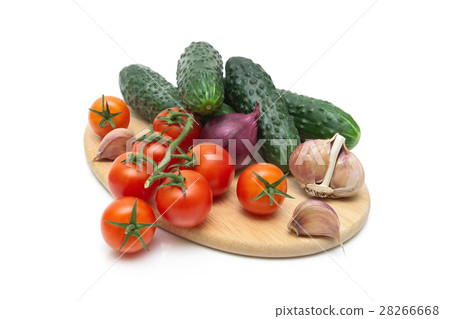 tomatoes, cucumber and garlic on white backgroun 28266668