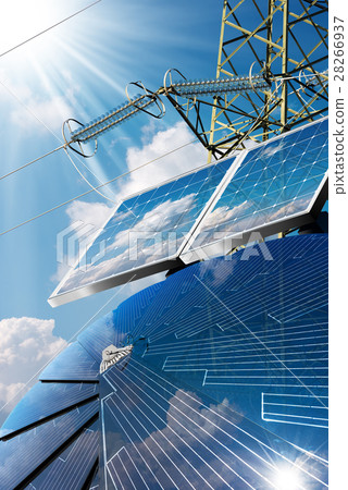 Solar Panels - Power Line and Sun Rays Solar Panels - Power Line and Sun Rays 28266937