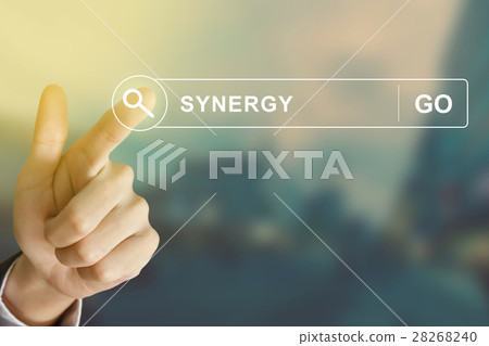business hand clicking synergy button  28268240