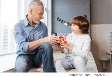 Cheerful elderly man giving a present to his Cheerful elderly man giving a present to his 28269699