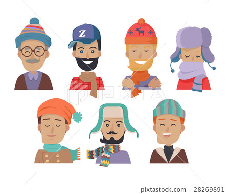 Icons Set of Smiling Men in Hats and Scarves Icons Set of Smiling Men in Hats and Scarves 28269891