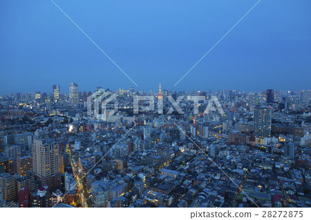 Tokyo city landscape sunset view night view Tokyo Tower and around Roppongi Toranomon Tokyo Sky Tree Wide 28272875