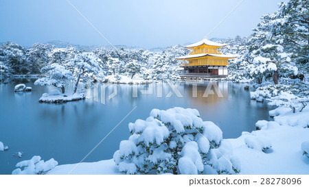 一覽無餘的金色涼亭的雪景·冬天（京都的風景） 28278096