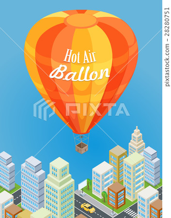 Hot Air Balloon Flying Over Urban City. Aircraft. Hot Air Balloon Flying Over Urban City. Aircraft. 28280751