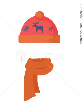 Hat. Red Headwear with Blue Deer and Snowflakes Hat. Red Headwear with Blue Deer and Snowflakes 28281092