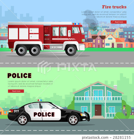Fire Truck Driving to the and Police Car. 28281155