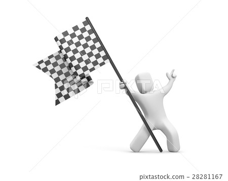 3d man holding a black and white checkered flag 28281167