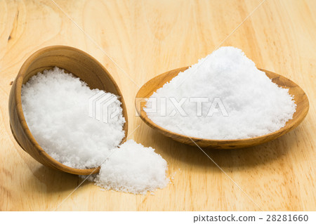 White sea salt in wooden plate and wooden bowl 28281660