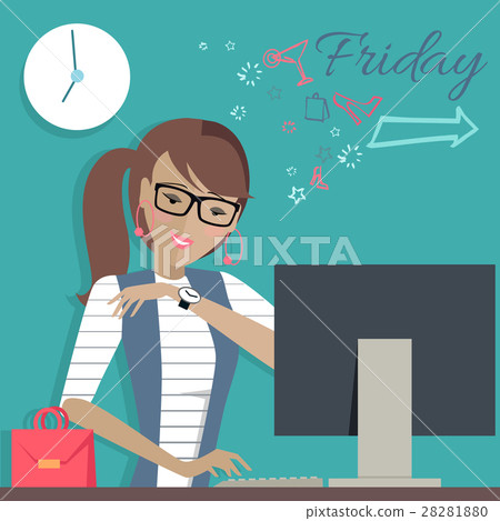Friday Working Day. Woman Dreaming About Weekends. 28281880