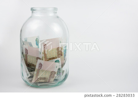 Three-liter jar with Russian rubles next blank space for writing Three-liter jar with Russian rubles next blank space for writing 28283033