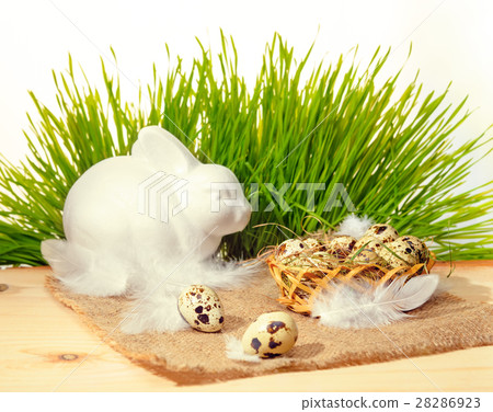 quail eggs with straw and feathers in basket, quail eggs with straw and feathers in basket, 28286923