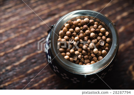 Coriander in a bowl on brown boards 28287794