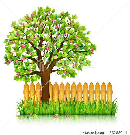 Spring background with green grass and tree - Stock Illustration ...