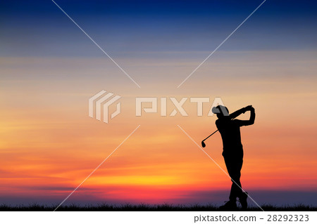 silhouette golfer playing golf during at sunset 28292323