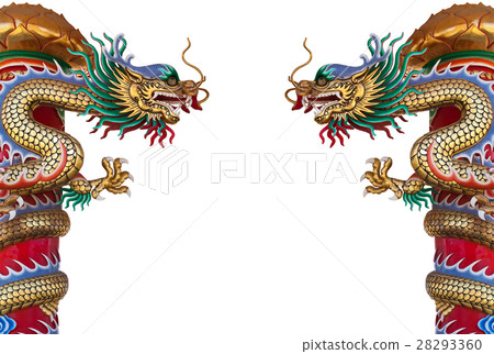 Twin Golden Chinese Dragon Wrapped around red pole Twin Golden Chinese Dragon Wrapped around red pole 28293360