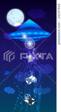 UFO abduction of a herd cows. illustration UFO abduction of a herd cows. illustration 28297609