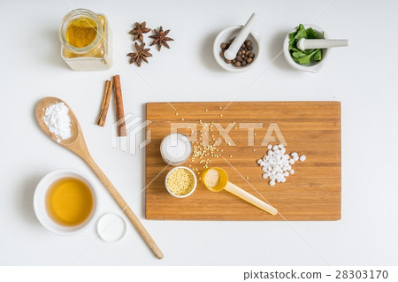 Homemade cosmetics. View from above on ingredients 28303170