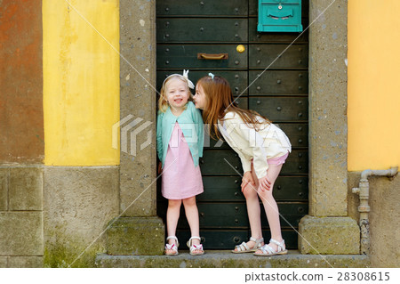 Two adorable little sisters having fun together on warm and sunny summer day 28308615