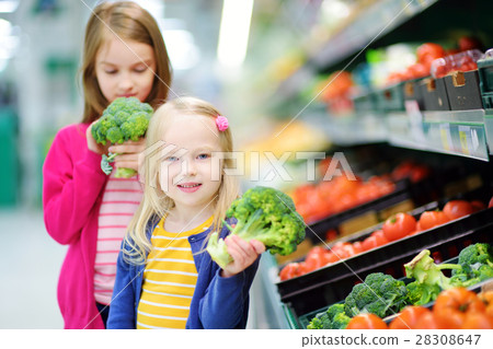 Two cute little sisters choosing broccoli in a food store or a supermarket Two cute little sisters choosing broccoli in a food store or a supermarket 28308647