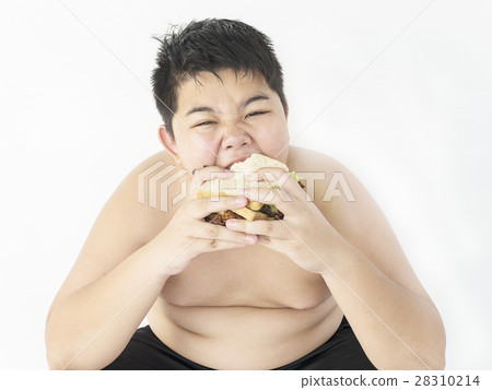 A fat boy is happily eating sandwich. 28310214
