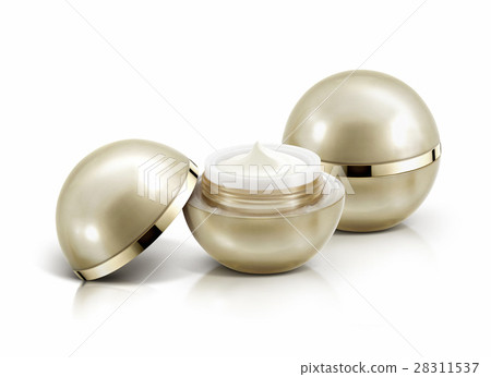 Two golden sphere cosmetic jar on white background 28311537