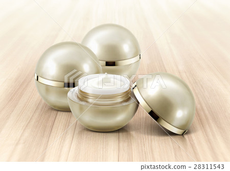 Golden sphere cosmetic jar on wood background 28311543