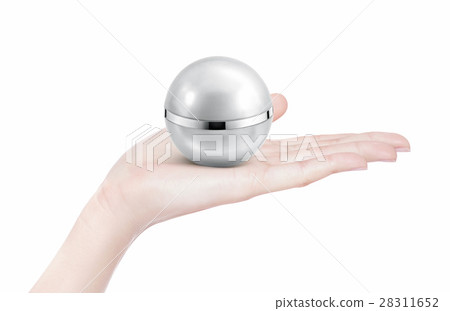 Silver sphere cosmetic jar on hand isolated Silver sphere cosmetic jar on hand isolated 28311652