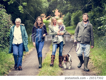 Family Walking Dog Togetherness Nature Concept Family Walking Dog Togetherness Nature Concept 28317302