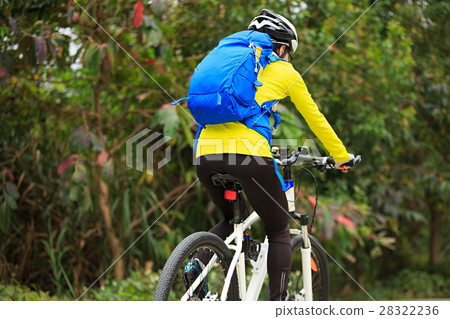 woman cyclist riding mountain bike on forest trail 28322236