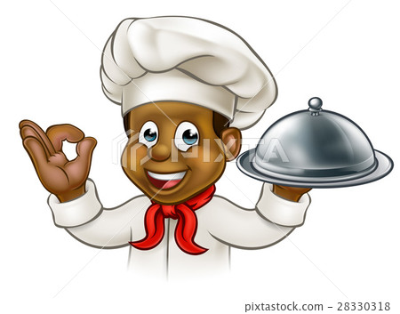Cartoon Black Chef Holding Plate or Platter 28330318