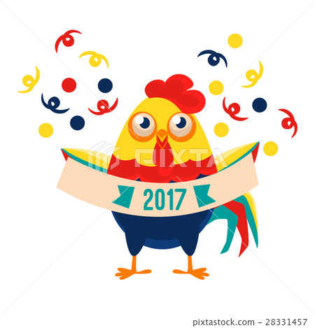 Rooster Cartoon Character Holding Festive Banner 28331457