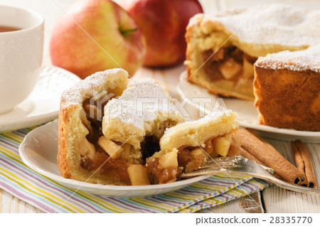 Apple pie and cup of tea on white background Apple pie and cup of tea on white background 28335770