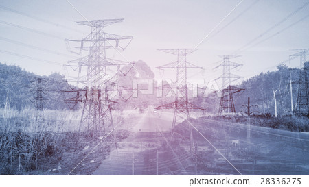 Multiple exposure poles with high voltage and road Multiple exposure poles with high voltage and road 28336275
