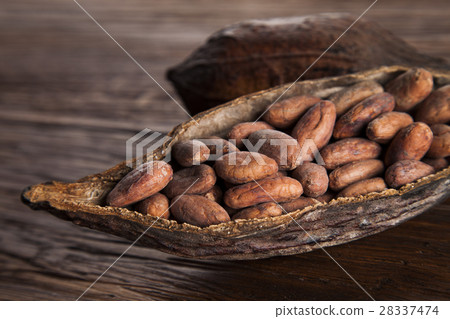Cocoa pod on wooden background 28337474