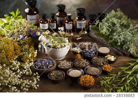 Natural medicine on wooden table background 28338083