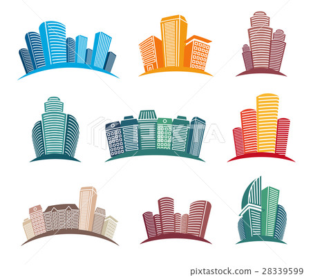 Isolated colorful skyscrapers emblems set 28339599