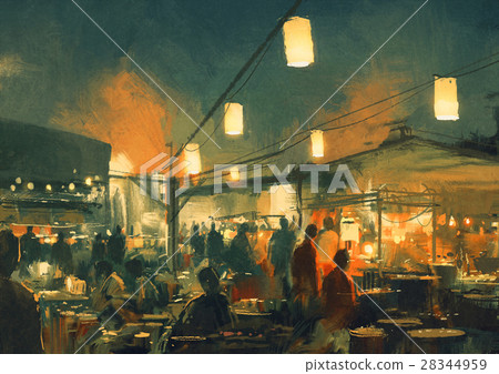 crowd of people walking in the market at night 28344959