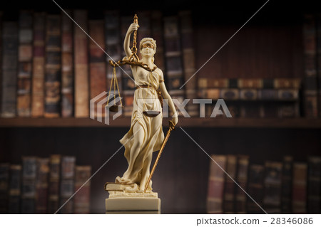 Antique statue of justice, law, books background 28346086