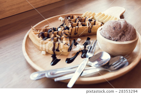 Belgian waffles with fruit and chocolate,  28353294