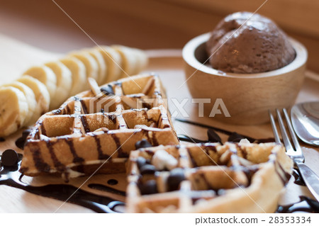 Belgian waffles with fruit and chocolate, Belgian waffles with fruit and chocolate, 28353334