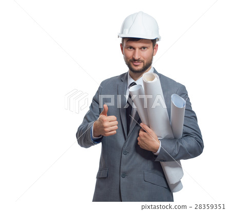 Architect in gray suite holding plans and 28359351