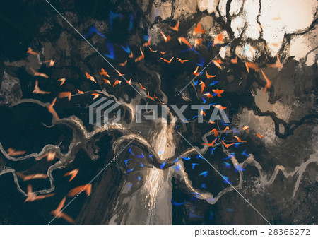 looking up in flock of birds flying to the tree 28366272