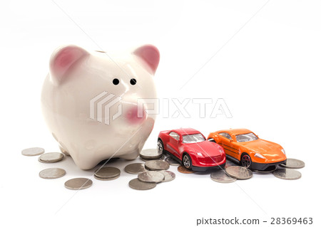 piggy bank with car and coin on white background 28369463