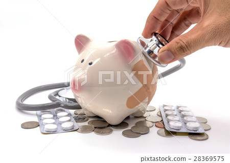 Doctor Holding Stethoscope to Piggy Bank Doctor Holding Stethoscope to Piggy Bank 28369575