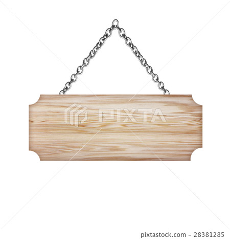 Wooden sign hanging on a chain isolated on white 28381285