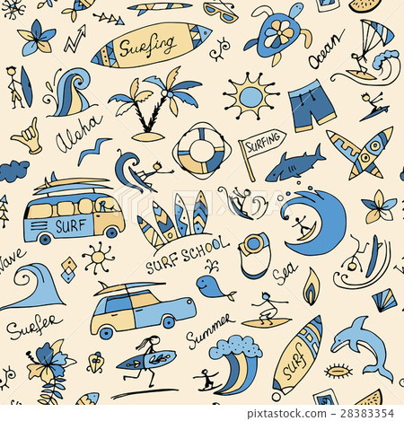 Surfing seamless pattern, sketch for your design Surfing seamless pattern, sketch for your design 28383354