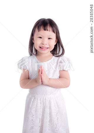 Little asian girl doing gesture welcome over white 28385048