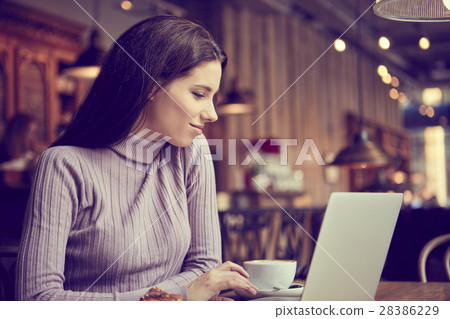 woman working with laptop in cafe. social network concept 28386229