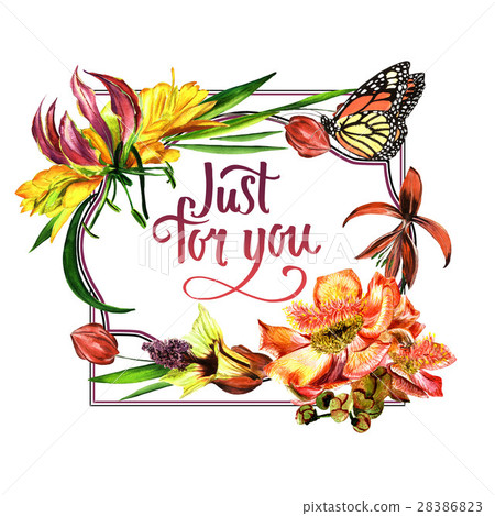 Tropical Hawaii leaves and flowers frame in a Tropical Hawaii leaves and flowers frame in a 28386823