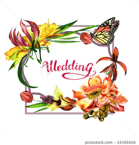 Tropical Hawaii leaves and flowers frame in a Tropical Hawaii leaves and flowers frame in a 28386826